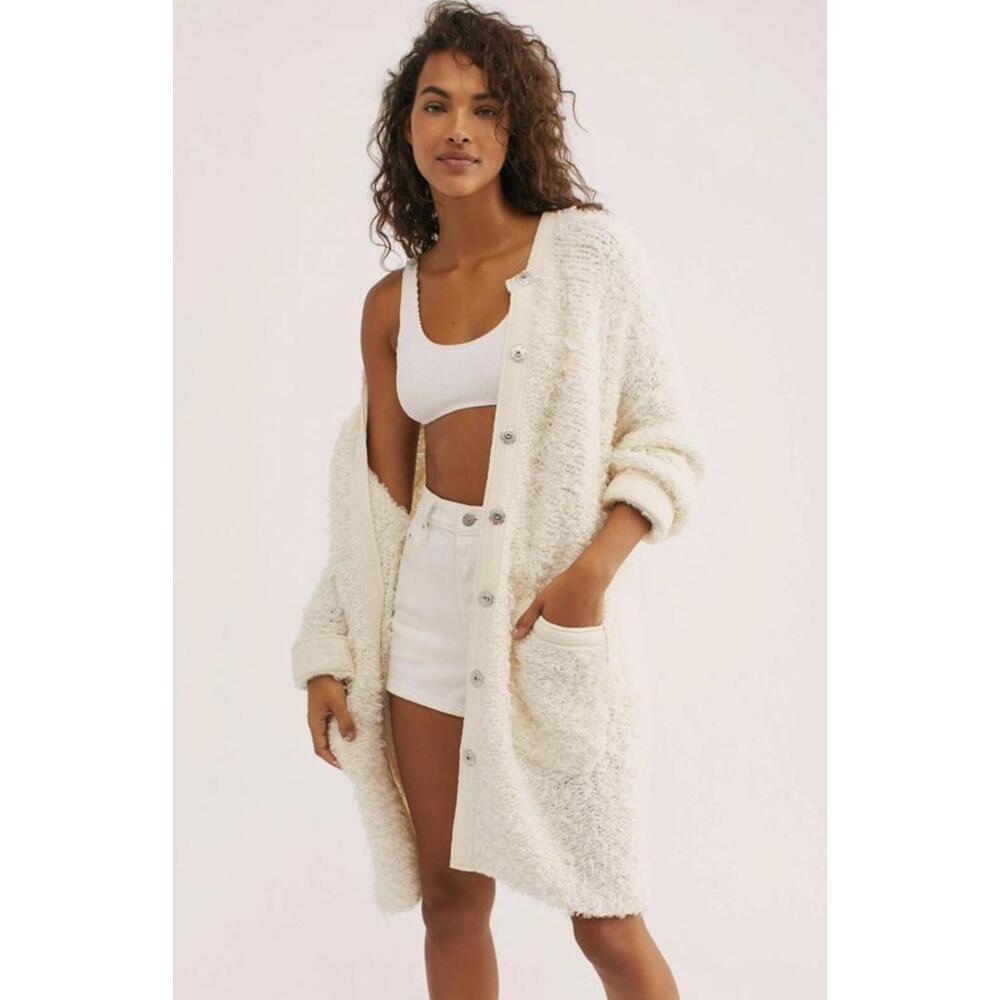Free People Cream Fuzzy Sweater Button Cardigan Long Line Coat - Size - Medium